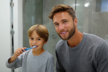 Father and son morning routine in bathroom