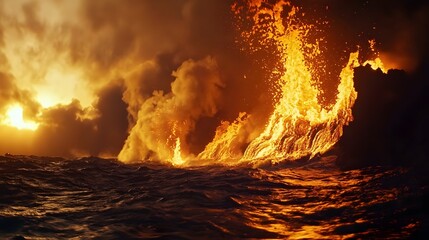Time-lapse sequence of nighttime lava-ocean interaction showing pulsating explosive cycles