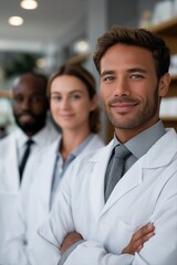 Fototapeta premium Confident multiracial medical team of young professionals in pharmacy