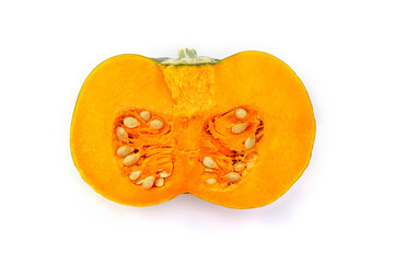 Butternut squash half with seeds on white background. Top view, flat lay