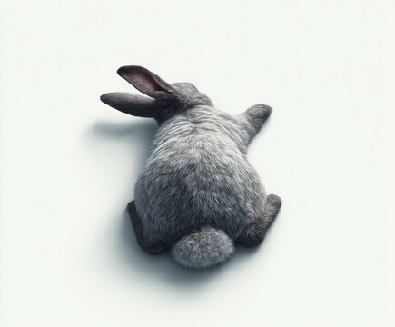 Top-down view of a grey rabbit resting on a white surface, focusing on its fur and posture
