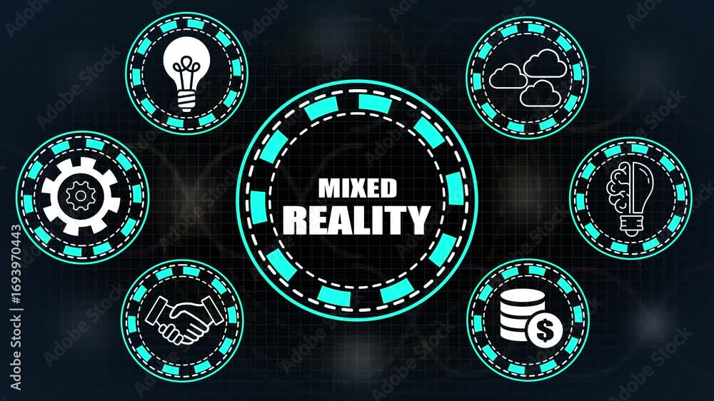 Poster mixed reality concept with icons for innovation collaboration finance and technology on dark grid ba