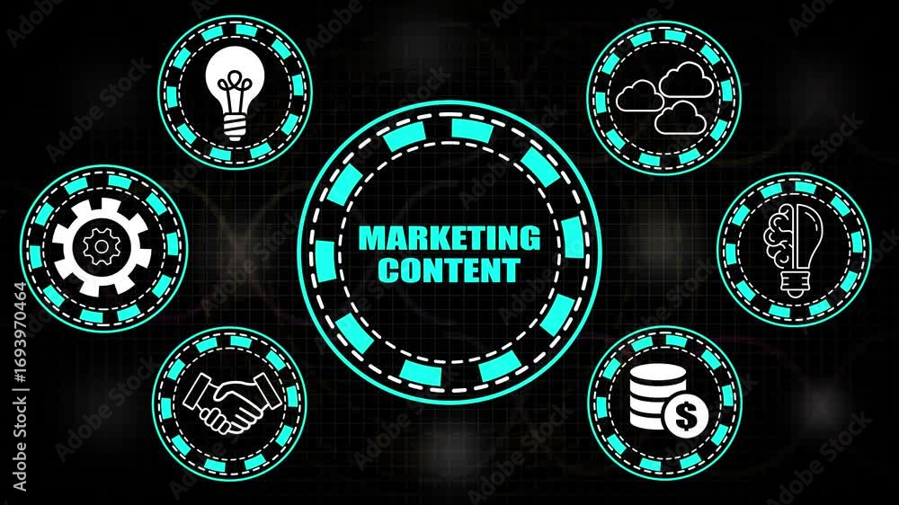Poster marketing content concept with icons and text in center on dark grid background content marketing di