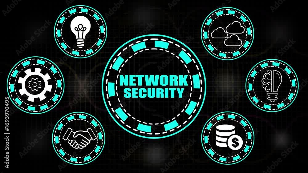 Poster network security concept with icons of lightbulb gear handshake clouds brain and money stack cyberse