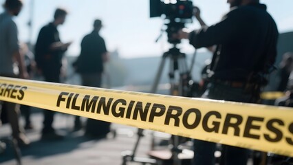 Film crew working behind a 'Filming in Progress' caution tape on a sunny day