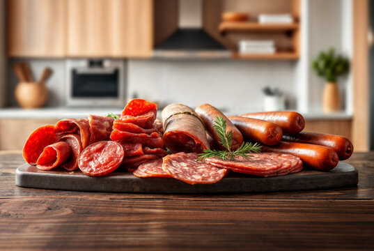 Assorted meats on cutting board in modern kitchen setting ready for serving to guests
