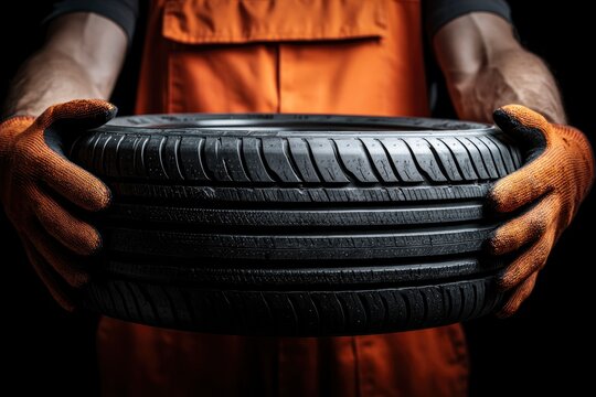 A person in orange workwear holds a black tire with gloved hands against a black background