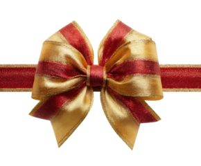 Festive gold and red bow for holiday gifts isolated on transparent background