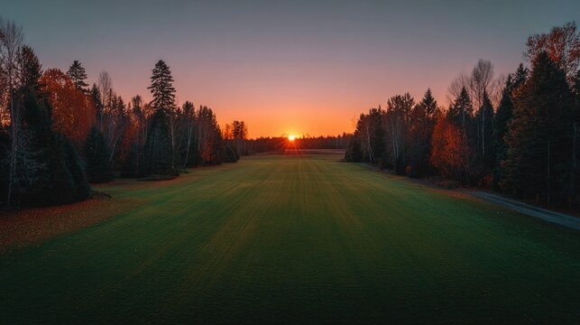 A serene, green field surrounded by trees is bathed in the warm glow of a sunset with an orange-colored sky