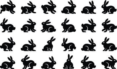 Cute black bunny silhouette vector collection of rabbit poses, ideal for Easter, wildlife, animal design, clipart, and pet illustrations.