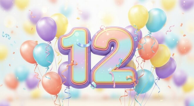 Number 12 surrounded by pastel balloons and confetti, celebration background