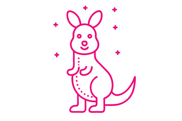 Cute kangaroo stands outlined in vivid pink with abstract stars around it