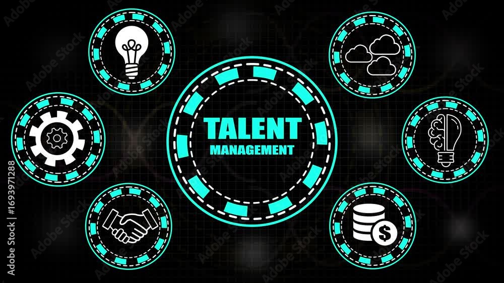 Poster talent management concept with icons for idea lightbulb gear handshake brain clouds and money stack 