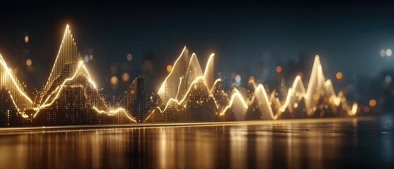 Abstract graphic of glowing gold lines resembling mountains or a chart over a dark city reflected in water