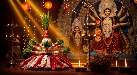 Durga Puja celebration with goddess idol and decorations
