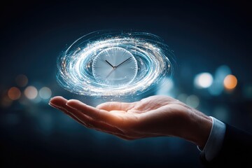 A hand holds a holographic clock, swirling light around it