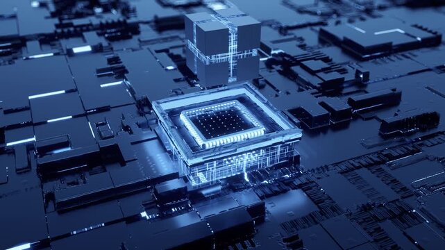 Dynamic close-up of futuristic translucent processor. Next-generation microchip activation and power system. High-performance GPU chip