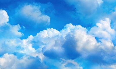 Obraz premium Fluffy white clouds drift across a vibrant blue sky, creating a peaceful and airy atmosphere, evoking feelings of freedom and vastness