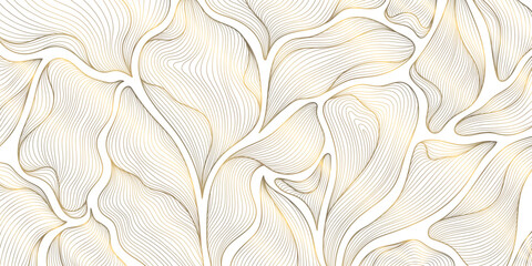 Elegant vector illustration, golden floral patterns, abstract leaves, geometric ornaments, modern yet vintage botanical design. The background is perfect for premium wallpapers, cards, banners, print.