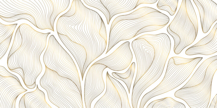 Elegant vector illustration, golden floral patterns, abstract leaves, geometric ornaments, modern yet vintage botanical design. The background is perfect for premium wallpapers, cards, banners, print.