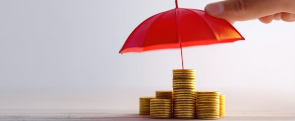 The Coins Protected by a Red Umbrella Symbolizing Financial Security and Investment Protection