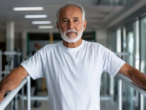 Older Hispanic man exercising on parallel bars in rehabilitation center