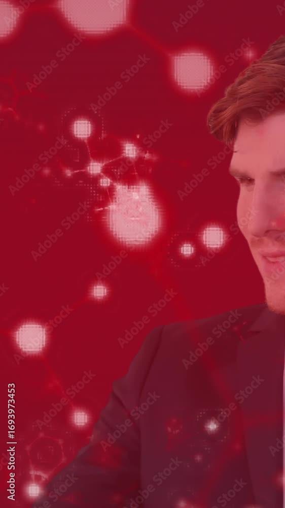 Aufkleber animation of caucasian man wearing a suit touching molecules models floating on red background
