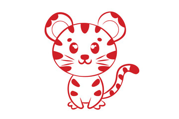 Fototapeta premium Cute red cartoon tiger cub sits peacefully with sweet eyes on a white backdrop