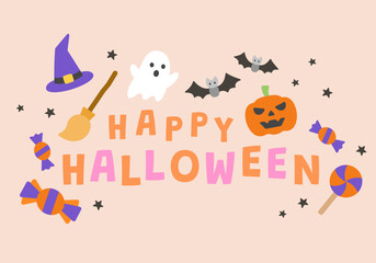 Happy Halloween background or greeting card with cute ghost, witch hat, flying broom, bat, pumpkin, and colorful candies scattered on a soft peach backdrop for a playful spooky celebration.