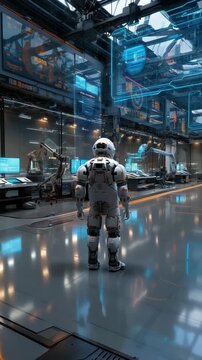 Wide‑angle view of a high‑tech space control room with a futuristic astronaut, holographic displays floating, AI robotic arms assisting, ultra‑modern workstation, blue and orange neon hues, space