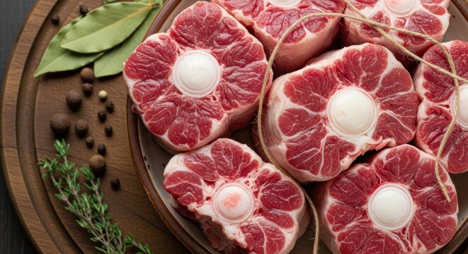Raw oxtail pieces are arranged on a wood board with spices, herb and twine