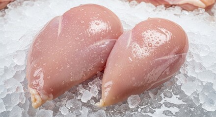 Fototapeta premium Two raw chicken breasts resting on crushed ice, showing their natural color and texture, awaiting preparation