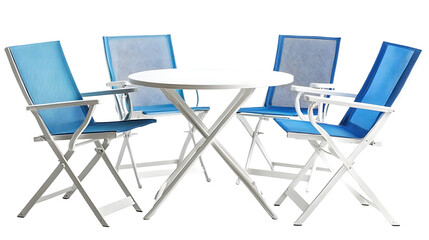 Vibrant and stylish folding outdoor furniture set including a white round table and folding chairs isolated on a transparent background