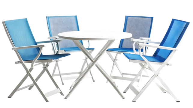 Vibrant and stylish folding outdoor furniture set including a white round table and folding chairs isolated on a transparent background