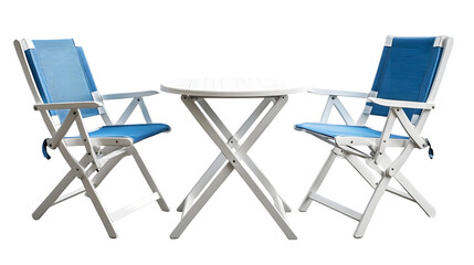 Vibrant and stylish folding outdoor furniture set including a white round table and folding chairs isolated on a transparent background