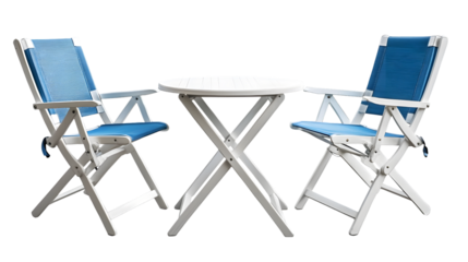 Vibrant and stylish folding outdoor furniture set including a white round table and folding chairs isolated on a transparent background