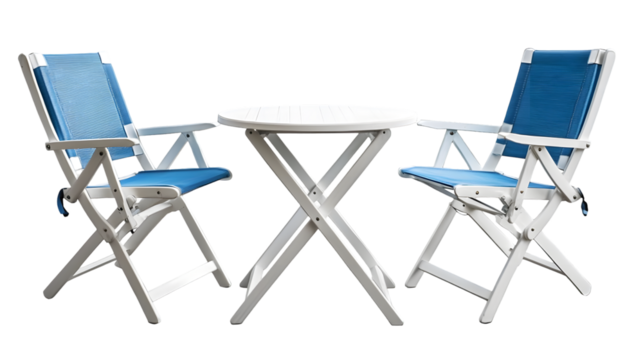 Vibrant and stylish folding outdoor furniture set including a white round table and folding chairs isolated on a transparent background