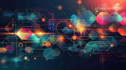 Obraz premium A vibrant, abstract digital art piece featuring a complex network of geometric shapes and glowing, colorful lights against a dark background.
