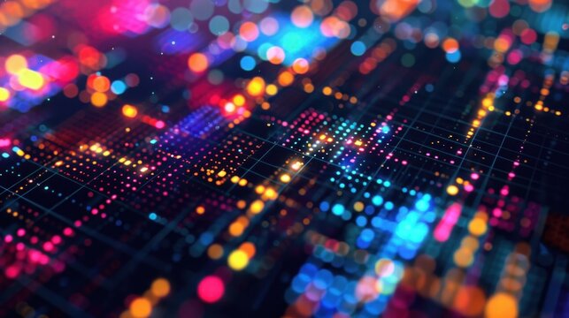 A vibrant, colorful abstract digital grid with a grid of small, glowing, multicolored dots and lines, set against a dark background with a few scattered, bright, colorful circles. - Powered by Adobe