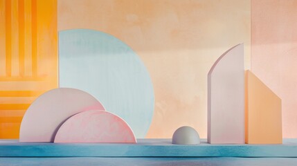 A colorful, abstract geometric composition with pastel shades of pink, blue, and orange, featuring a mix of circular and angular shapes on a neutral background.