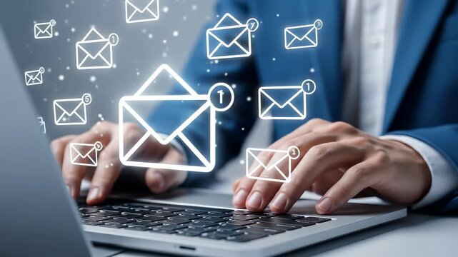 Email Overload! Businessman Typing on Laptop Receiving Multiple Emails - Digital Communication, Information Overload, and Business Productivity