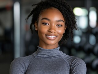 Fototapeta premium Happy young African American woman smiling in gym during daytime