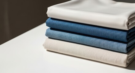 Neatly stacked fabric piles in blue and beige shades on white surface