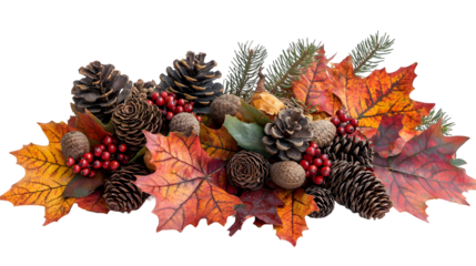 Vibrant autumn foliage arrangement with colorful fallen leaves branches isolated on a transparent background
