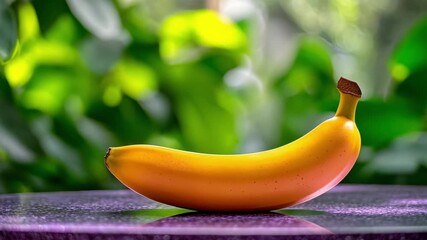 A ripe yellow banana rests on a purple surface with a lush green background.
