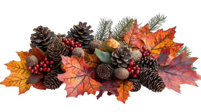 Vibrant autumn foliage arrangement with colorful fallen leaves branches isolated on a transparent background