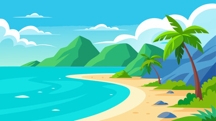 Cartoon tropical beach with palm trees view
