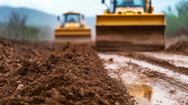 A close-up view of freshly disturbed dirt, with large construction vehicles in the background, indicating an active site under cloudy skies.
