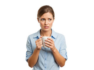 Worried businesswoman holding a coffee mug against a white background