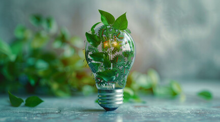green plant in a pot,Green energy concept with light bulb and tree inside, sustainable environment technology background for eco friendly power industry